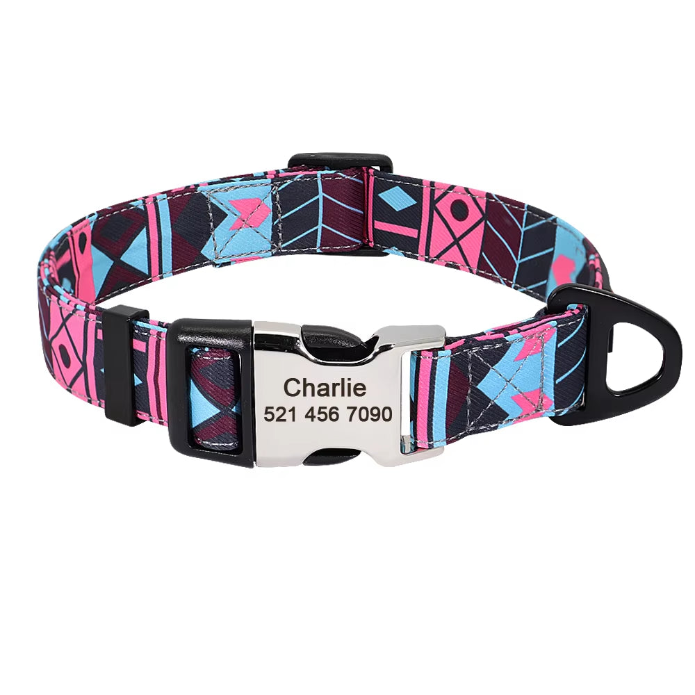 Nylon Print Dog Collar Personalized Pet Cat ID Collars Free Engraving Tag Nameplate for Small Medium Large Dogs Cats Pitbull Pug