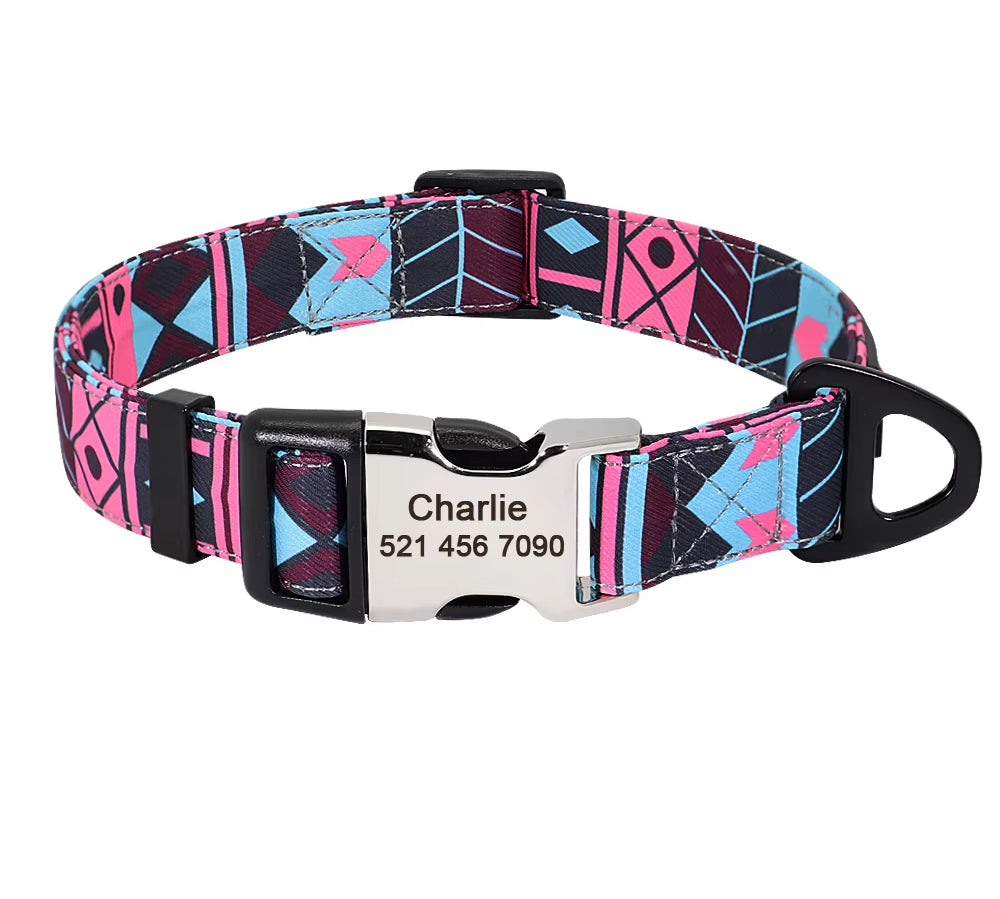 Nylon Print Dog Collar Personalized Pet Cat ID Collars Free Engraving Tag Nameplate for Small Medium Large Dogs Cats Pitbull Pug