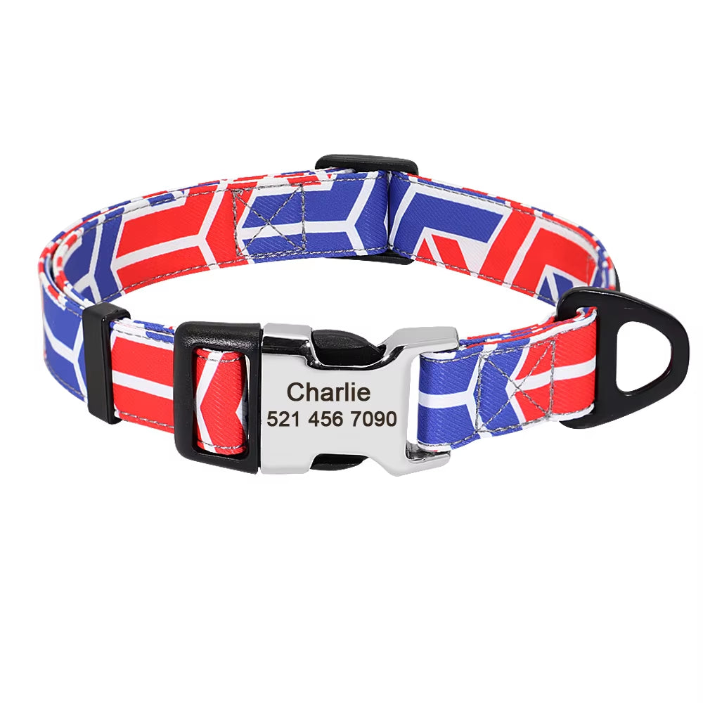 Nylon Print Dog Collar Personalized Pet Cat ID Collars Free Engraving Tag Nameplate for Small Medium Large Dogs Cats Pitbull Pug