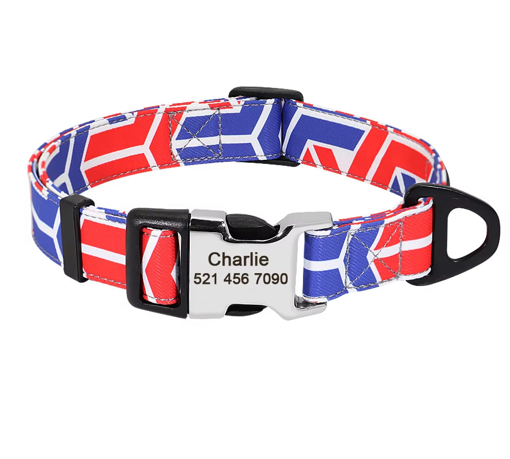 Nylon Print Dog Collar Personalized Pet Cat ID Collars Free Engraving Tag Nameplate for Small Medium Large Dogs Cats Pitbull Pug