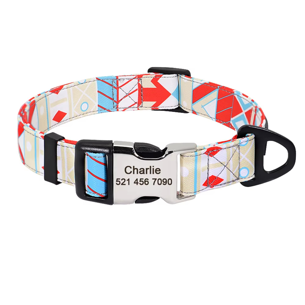 Nylon Print Dog Collar Personalized Pet Cat ID Collars Free Engraving Tag Nameplate for Small Medium Large Dogs Cats Pitbull Pug