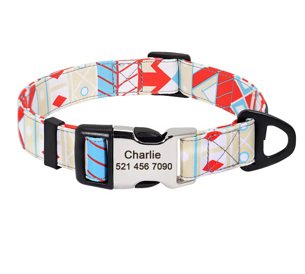 Nylon Print Dog Collar Personalized Pet Cat ID Collars Free Engraving Tag Nameplate for Small Medium Large Dogs Cats Pitbull Pug