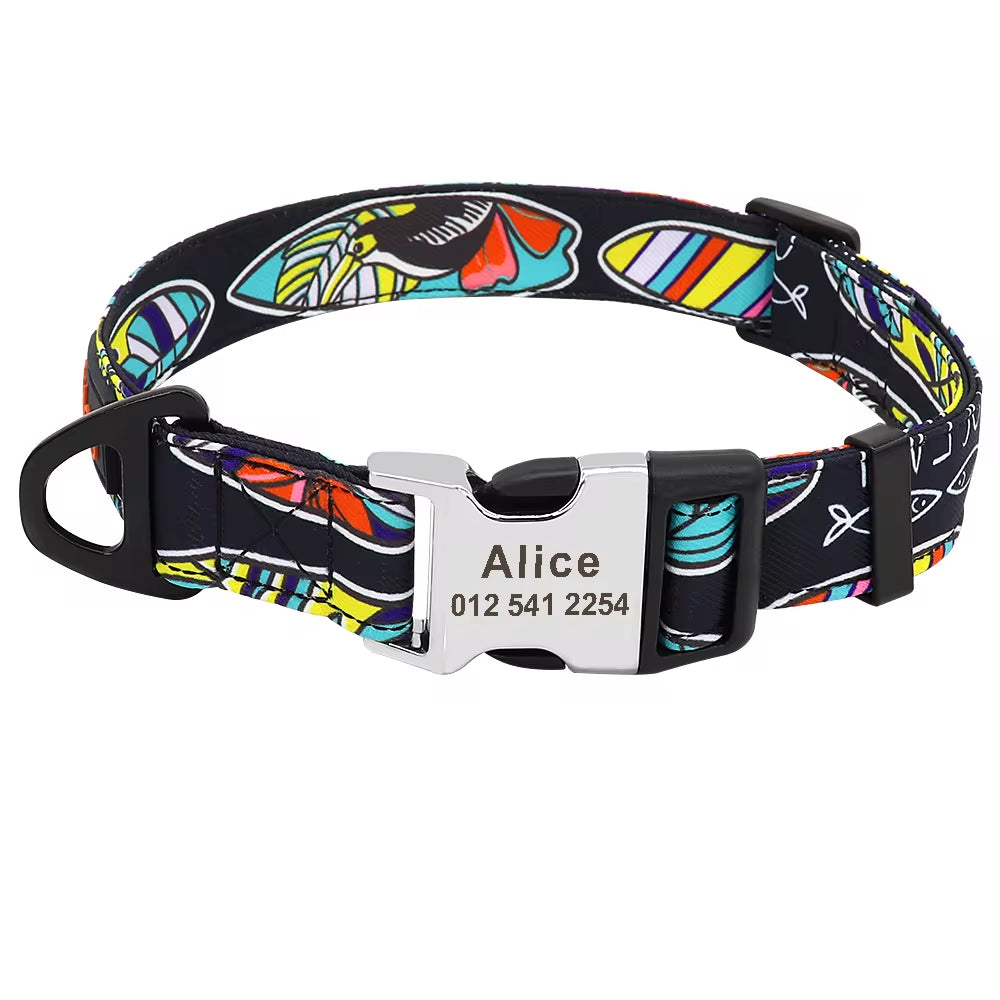 Nylon Print Dog Collar Personalized Pet Cat ID Collars Free Engraving Tag Nameplate for Small Medium Large Dogs Cats Pitbull Pug