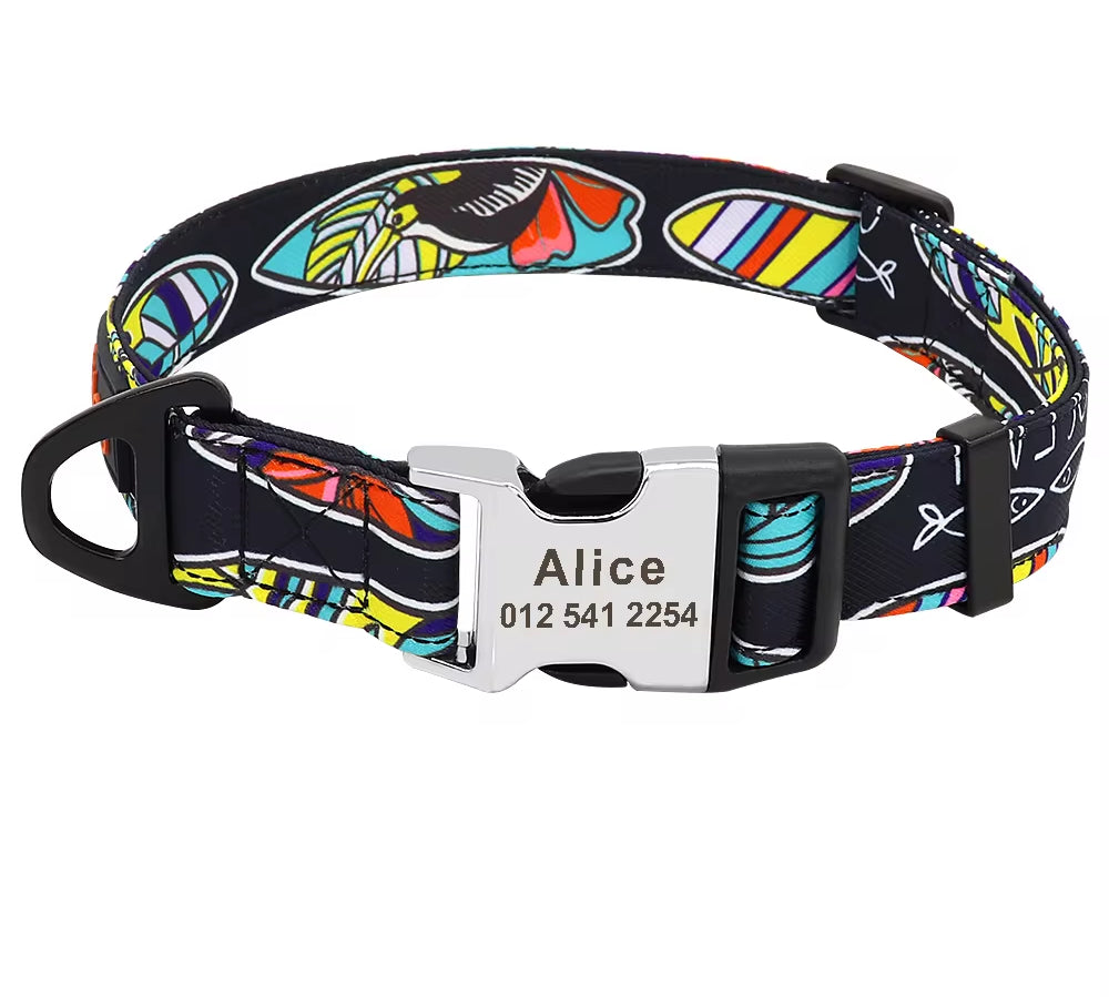 Nylon Print Dog Collar Personalized Pet Cat ID Collars Free Engraving Tag Nameplate for Small Medium Large Dogs Cats Pitbull Pug