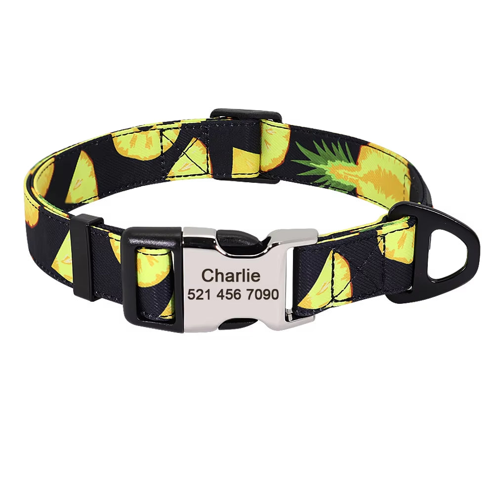 Nylon Print Dog Collar Personalized Pet Cat ID Collars Free Engraving Tag Nameplate for Small Medium Large Dogs Cats Pitbull Pug