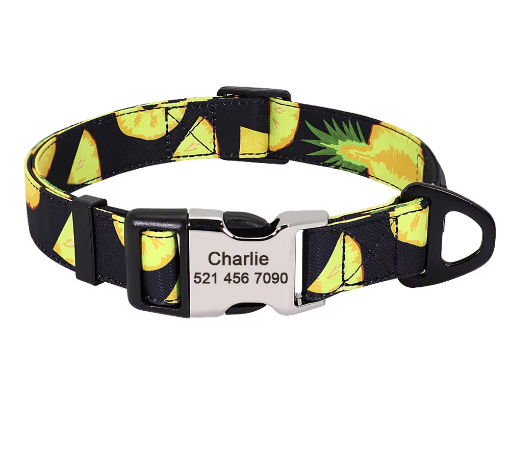 Nylon Print Dog Collar Personalized Pet Cat ID Collars Free Engraving Tag Nameplate for Small Medium Large Dogs Cats Pitbull Pug