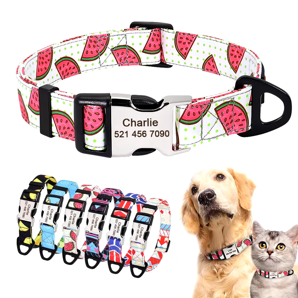 Nylon Print Dog Collar Personalized Pet Cat ID Collars Free Engraving Tag Nameplate for Small Medium Large Dogs Cats Pitbull Pug