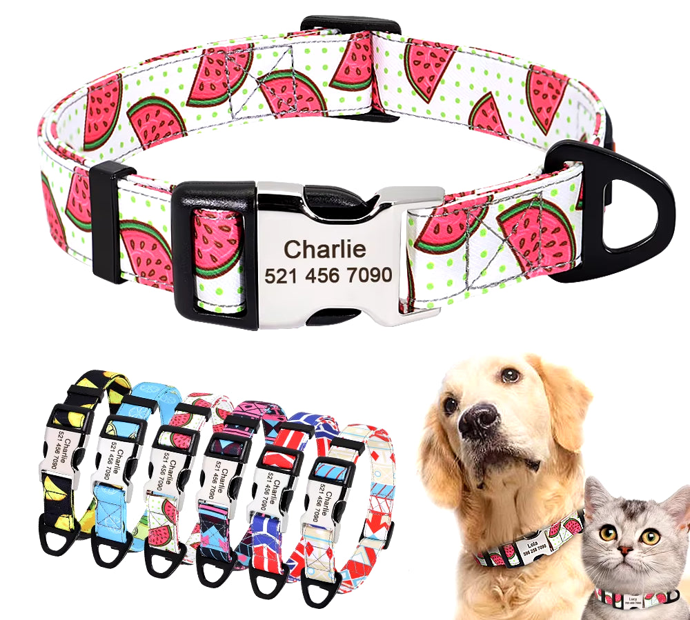 Nylon Print Dog Collar Personalized Pet Cat ID Collars Free Engraving Tag Nameplate for Small Medium Large Dogs Cats Pitbull Pug
