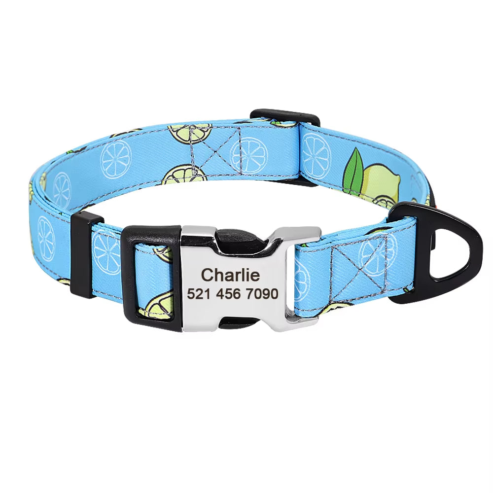 Nylon Print Dog Collar Personalized Pet Cat ID Collars Free Engraving Tag Nameplate for Small Medium Large Dogs Cats Pitbull Pug