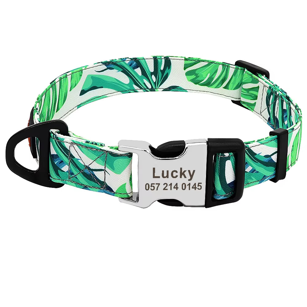 Nylon Print Dog Collar Personalized Pet Cat ID Collars Free Engraving Tag Nameplate for Small Medium Large Dogs Cats Pitbull Pug